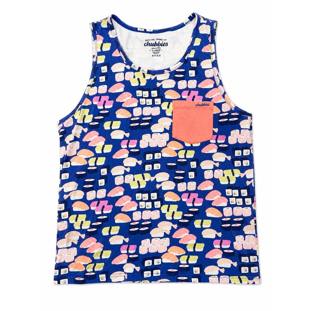 Chubbies Men's XL Sushi Print Tank Top Blue Cotton Pocket Sleeveless Shirt